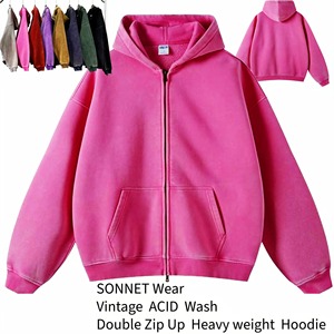 Venta al por mayor de peso pesado de gran tamaño lavado ácido liso Zip up pulóver con capucha Vintage lavado desteñido francés Terry cremallera sudaderas con capucha para UNISEX - Product Image 4