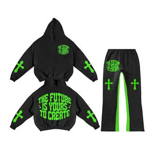 Venta al por mayor Puff Imprimir Chándal de gran tamaño Cremallera completa Sudaderas con capucha Chándal Pantalones acampanados Chándal Nueva llegada Artículo superventas - Product Image 1