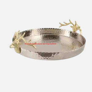 Grand plateau en métal argenté avec un accent floral en laiton de qualité créative Design standard pour la table de service décoratif pour le mariage - Product Image 5