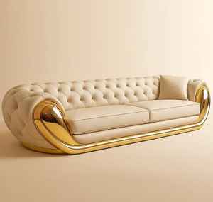 Sofá Chesterfield de Lujo |   Sofá de Terciopelo con Patas Decorativas Doradas |   Estilo Chesterfield Moderno con Detalles Dorados - Product Image 1