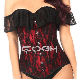 Corset rouge surbuste à baleines en acier avec superposition de dentelle noire, style gothique, épaules dénudées - Product Image 1