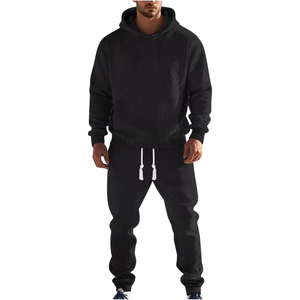 Ensemble survêtement en molleton noir pour homme, logo personnalisé, sweat à capuche et jogging, tenue d'hiver chaude en deux pièces, vêtements de sport décontractés, usine OEM - Product Image 1