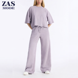 Conjunto de 2 Piezas de Suéter de Punto Holgado para Mujer, Camiseta de Manga Corta, Top con Cuello Redondo, Pantalones de Pierna Ancha con Cintura Elástica, Conjunto Informal, Hecho en BD - Product Image 1