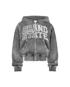 Exquisito aplique de diamantes de imitación con cremallera de gran tamaño francés Terry Drop Shoulder Vintage lavado con ácido Sudadera con capucha desgastada chándal - Product Image 4