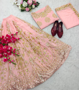 Ensemble indien à paillettes brodées Sharara Gharara Kurti Designer pakistanais vêtements ethniques 3 pièces en tissu Georgette cousu - Product Image 6