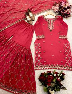 Pakistan Designer Fully Readymade 3 <b>Pc</b> Kurta Sharara <b>Set</b> Embroidered Salwar Kameez for Party Wear Traditional Style Pitch Color - Product Image 6