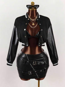 แจ็กเก็ตเบสบอลแขนหนังวัวสำหรับผู้หญิงเสื้อครอปทีมตัวแทนนักบอมเบอร์สตรีทแวร์ - Product Image 5