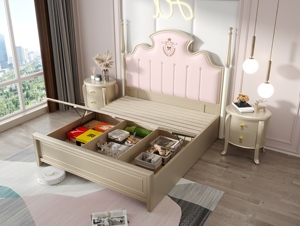 French Style <b>Poster</b> Bed Queen Size Soft Upholstered Headboard Solid Wood <b>Frame</b> Pink and Beige Design - Product Image 4