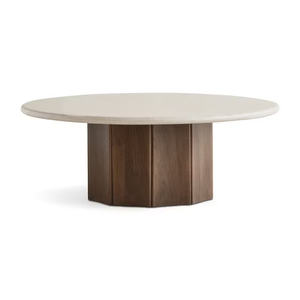 Modern Marble and Mango Wood <b>White</b> and Brown Finish 36 In. Semi-Circular Solid Wood Coffee <b>Table</b> with Fine Legs for Living <b>Room</b> - Product Image 1