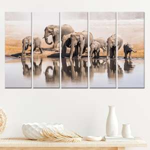 Toile d'art élégante imprimée avec des éléphants africains - Décoration safari moderne, toile enveloppée 5P - Product Image 1