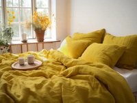 Ensemble de housse de couette en lin moutarde, 3 pièces, lavé, antistatique, style européen, doux, jaune, boutons en noix de coco, ruban, qualité hôtelière