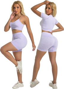 Ensemble de yoga sans couture pour femmes, tenue de sport, soutien-gorge de sport grande taille, leggings, pantalon taille mi-haute, 2 pièces, respirant, 100% nylon, devant - Product Image 2