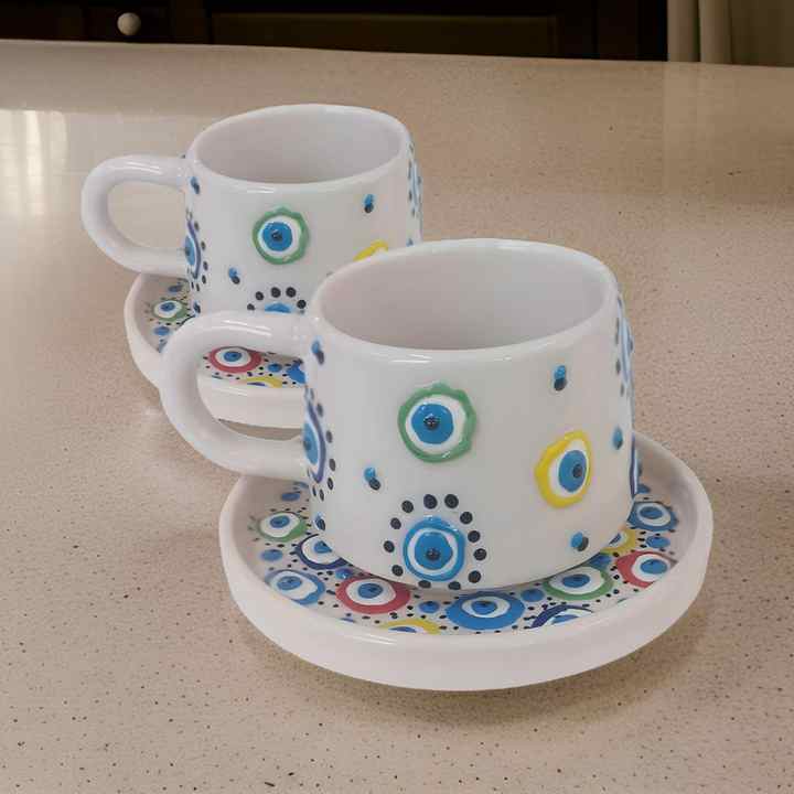 İlbay Ceramic Mug Cup with 2 Plates Classic Colorful Evil Eye