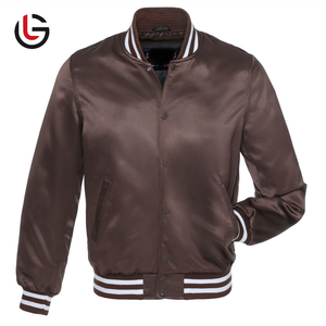 Chaqueta Bomber de satén de poliéster 100% marrón oscuro Letterman béisbol elegante diseño personalizado soporte puño cuello acanalado Fondo invierno - Product Image 1