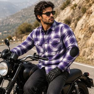 Chemise en flanelle unie violette à manches longues pour homme avec empiècements aux coudes, col rabattu en coton, style décontracté urbain, séchage rapide et respirante - Product Image 6