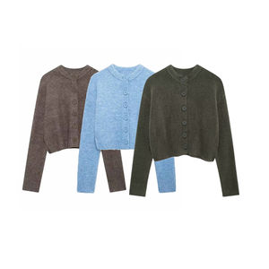 Cardigan décontracté d'hiver en coton doux, couleur unie, col en V, logo sur le devant, respirant, confortable, pull pour femmes - Product Image 5