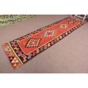 3x10.8 ft Vintage Rug, Turkish <b>Runner</b> Rug, <b>Red</b> Solid Wool Rug - Product Image 2