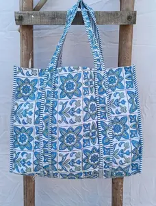 Petit sac fourre-tout à la mode imprimé bloc fait à la main indien pour femmes sacs à provisions à bandoulière cadeau pour anniversaire - Product Image 4