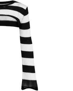 Suéter Corto de Punto Crochet a Rayas Blancas y Negras Personalizado por el Fabricante, Top de Moda con Mangas Largas Acampanadas y Calado para Mujer - Product Image 2