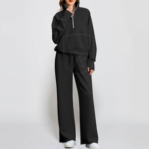 Conjunto de dos piezas para mujer, tejido acanalado, manga larga y pantalón de cintura alta con pierna ancha, ropa para estar en casa. - Product Image 3