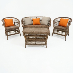 Brown Plastic <b>Rattan</b> <b>Outdoor</b> Garden Furniture Set Iron Frame Woven PE Wicker <b>Sofa</b> Armchairs Table Patio Decor Setup Art Design - Product Image 1