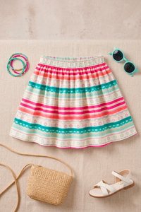 Minigonna a pieghe a righe per ragazze, stile bohémien, in poliestere chiffon stampato, per feste estive alla moda - Product Image 2