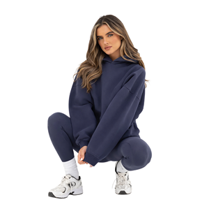 Sweat à capuche oversize pour femme, 50% coton 50% polyester, bleu marine, coupe décontractée, épaules tombantes, style streetwear - Product Image 2