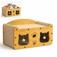 Mobilier pour chat : Niche-griffoir en panneau de densité, maison creuse avec découpe visage de chat, jouet interactif à balle, résistant à l'usure