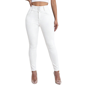 Jean slim taille haute en denim blanc pour femme, coupe ajustée, longueur cheville, décontracté, confortable, délavé, hiver, XXS - Product Image 1