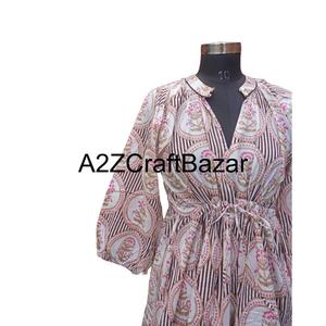 Robe mi-longue florale 100 % coton pur faite à la main, écologique, respirante, nettoyage à sec, coupe confortable, taille naturelle, col en V - Product Image 4