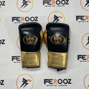 ถุงมือชกมวยแบบสั่งทำพิเศษสีดำทอง No Boxing No Life  แบบผูกเชือก ปรับขนาดได้ ทำจากหนังวัวแท้ สำหรับคิกบ็อกซิ่ง - Product Image 2