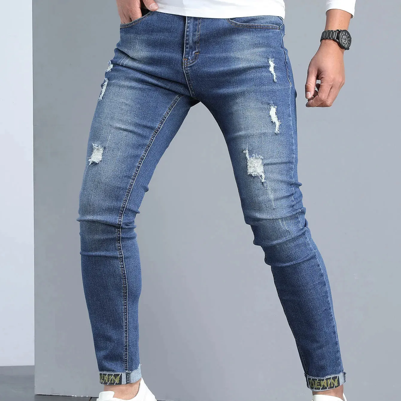 Aanpassen Van Hoge Kwaliteit 2024 Lange Relaxed Fit All Over Panel Jeans Mid Blue Demin Jeans Heren Kleding Katoenen Broek