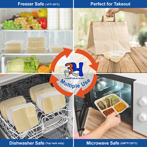 Contenitori per la preparazione dei pasti 3H da 45 once, 3 scomparti, confezione da 100 pezzi, 200 pezzi con coperchi, contenitori per alimenti da asporto, adatti a microonde, lavastoviglie e congelatore. - Product Image 4