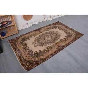 3.8x6.7 ft Vintage Rug, <b>Brown</b> Check Turkish Rug <b>Wool</b> - Product Image 4