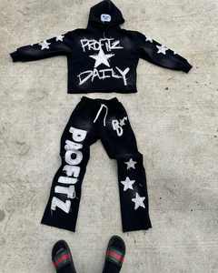 Ropa de calle personalizada algodón Vintage desgastado lujo enzima ácido lavado 400 Gsm parche bordado Unisex hombres Sudadera con capucha y pantalones cortos conjunto - Product Image 1