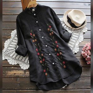 Camiseta OEM de talla grande para mujer, modesta, de organza, de primavera y verano, de la mejor calidad al por mayor, decoración de botones de manga larga - Product Image 1