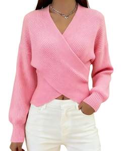 Manufacturer Customized <b>Women</b> Baby Pink Ribbed Knit Wrap Top Long Sleeve V Neck <b>Cropped</b> Sweater Casual Fashion Winter Wear - Product Image 1