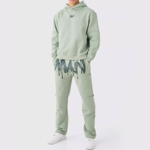 Streetwear personnalisé à imprimé goutte à goutte Survêtement à capuche surdimensionné et pantalon Cargo Pantalon de survêtement évasé en coton éponge française - Product Image 2