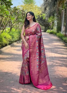 Sarees Tradicionales de Seda Kanchipuram, Hechos a Mano, para Bodas, Saree Nupcial del Sur de la India con Borde Zari, Blusa SAURYA LIFE STYLE - Product Image 6