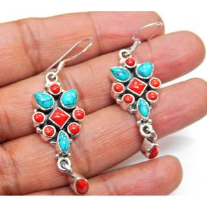 Pendientes de Plata de Ley 925 Coral y turquesa, regalo de boda bohemio, piedras preciosas naturales, joyería de oro para ella - Product Image 4