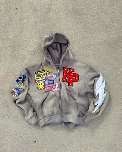 เสื้อฮู้ดมีซิปสำหรับผู้ชายเสื้อครอปแบบตัดเย็บสไตล์วินเทจผ้าปะติดแบบ500gsm ซักได้ - Product Image 6