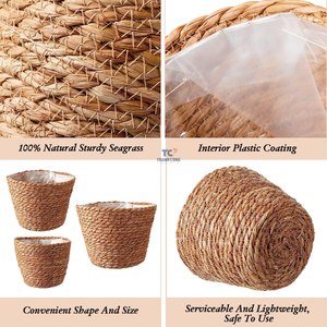 Seagrass Woven Planter Basket Indoor <b>Plant</b> Containers for Storage <b>Plant</b> <b>Pot</b> With <b>Plastic</b> Protector for Wholesales - Product Image 4