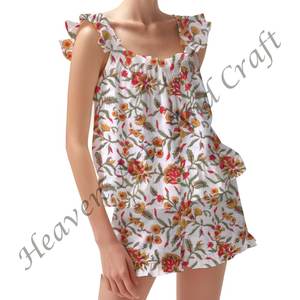 Pantalones cortos con estampado de bloques de algodón, pijama abotonado, pijama corto para Primavera/Verano, conjunto de pijama con tiras y volantes - Product Image 4