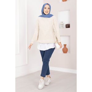 Pull en tricot à capuche pour femme avec motif tressé et imprimé floral, design respirant pour un usage décontracté en hiver et en automne - Product Image 3