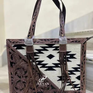 Yeni gerçek el Tooled aztek deri püskül Tote çanta kadınlar şık alışveriş çantaları zarif Vintage stil gizli taşıma 16 inç çanta