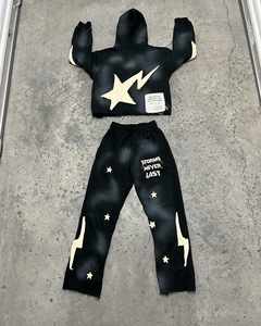 Ensemble survêtement pour homme personnalisé, lavage à l'acide, 100% coton, patchwork, sweat à capuche zippé et pantalon de survêtement - Product Image 3