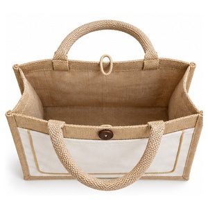 Sac fourre-tout en jute naturel ivoire avec poignées en corde, poche avant en toile passepoilée, fermeture à bouton, 17x13x6 pouces, logo personnalisé, sac de courses cadeau, vente en gros - Product Image 2