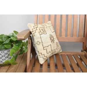 Oreiller en laine Kilim beige 12x12 pouces Oreiller décoratif d'accent de luxe Motif carré tissé Portable pour la literie et l'utilisation du sol - Product Image 2