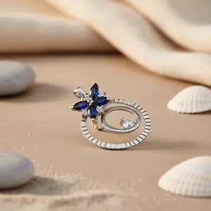 Pendentif Fleur en Argent 925 avec Saphir Bleu, Plaqué Rhodium, Charme Religieux pour Femme, Bijou Cadeau - Product Image 2