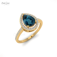 Fabricants asiatiques, bague halo en diamant certifiée IGI de 1 mm avec topaze bleue de Londres en forme de larme de 8 x 6 mm en or massif 14 carats, bijoux de mariage